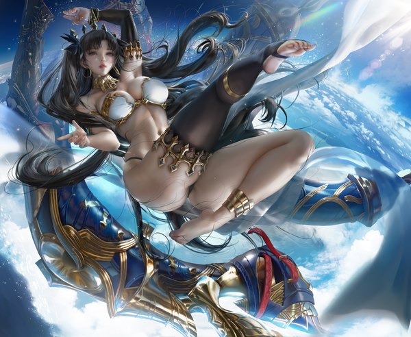 Anime picture 3500x2871 with fate (series) fate/grand order ishtar (fate) sakimichan single long hair looking at viewer fringe highres breasts light erotic black hair red eyes large breasts absurdres sky cleavage cloud (clouds) full body outdoors