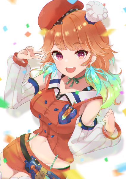 Anime picture 860x1217 with virtual youtuber hololive hololive english takanashi kiara morikome (moririce) single long hair tall image looking at viewer fringe open mouth white background purple eyes :d orange hair teeth midriff groin victory girl