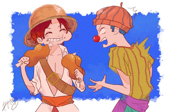 Anime-Bild 3816x2493 mit one piece toei animation shanks buggy the clown watahoshi highres short hair simple background blue hair absurdres red hair eyes closed multiple boys border blue background eating ^ ^ outside border alternate age food on face
