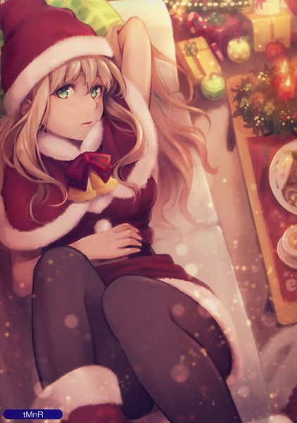 Anime picture 2322x3300 with original anosamu single long hair tall image looking at viewer fringe highres blonde hair hair between eyes green eyes bent knee (knees) lying blurry scan sparkle on back fur trim christmas girl
