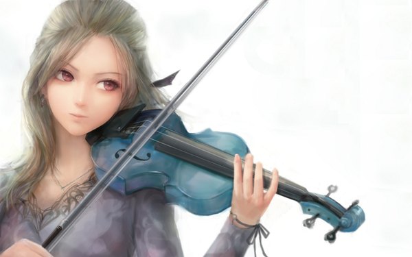 Anime picture 1920x1200 with original pixiv misshu long hair fringe highres simple background red eyes wide image white background looking away multicolored hair realistic soft beauty girl earrings pendant jewelry violin bow (instrument)