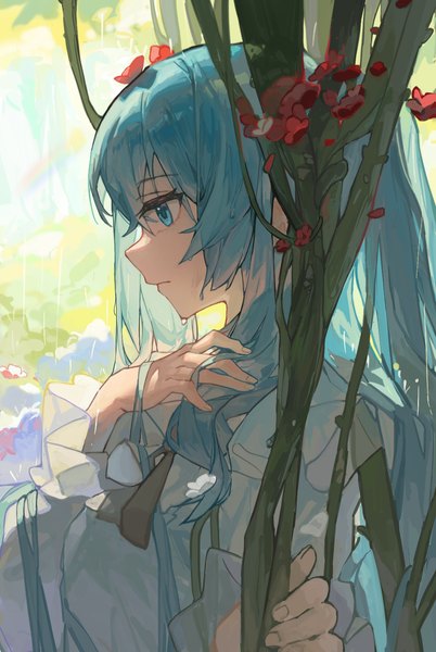 Anime picture 1313x1958 with vocaloid hatsune miku sentter single long hair tall image fringe hair between eyes twintails holding looking away upper body outdoors long sleeves profile hair flower aqua eyes aqua hair wet hand on chest