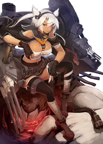 Anime picture 1500x2093 with kantai collection musashi super battleship shizuma yoshinori single long hair tall image looking at viewer light erotic red eyes sitting twintails white hair official art rock glasses on head girl thighhighs skirt gloves weapon