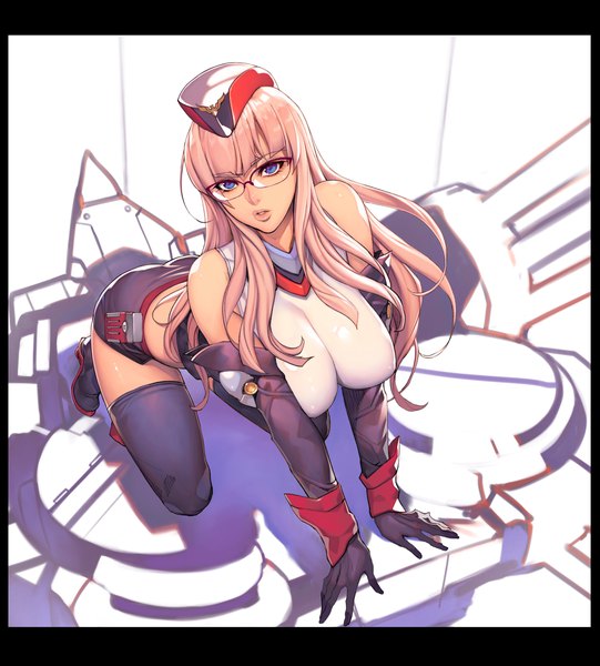 Anime picture 4134x4583 with azur lane gneisenau (azur lane) oda non single long hair tall image looking at viewer fringe highres breasts blue eyes light erotic large breasts bare shoulders pink hair absurdres full body bent knee (knees) blunt bangs parted lips