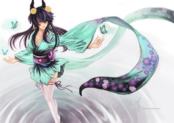 Anime picture 1053x744 with original ks single long hair cleavage purple hair traditional clothes japanese clothes hair flower horn (horns) aqua eyes butterfly on hand girl thighhighs hair ornament white thighhighs water belt insect butterfly