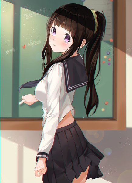 Anime picture 2753x3796 with hyouka kyoto animation chitanda eru harui (huruyi 817) single long hair tall image looking at viewer blush fringe highres brown hair standing purple eyes payot ponytail indoors blunt bangs pleated skirt looking back