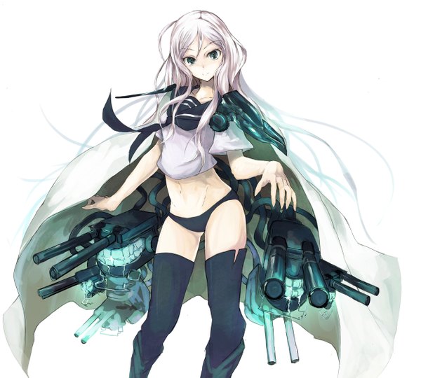 Anime picture 1250x1125 with kantai collection ta-class battleship asagi shii single long hair looking at viewer light erotic simple background smile white background green eyes white hair teeth girl navel underwear panties weapon gun thigh boots