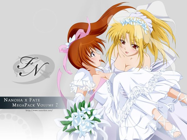 Anime picture 1600x1200 with mahou shoujo lyrical nanoha mahou shoujo lyrical nanoha strikers fate testarossa takamachi nanoha solwyvern rato long hair blush breasts open mouth simple background blonde hair red eyes brown hair bare shoulders multiple girls cleavage ponytail profile grey background