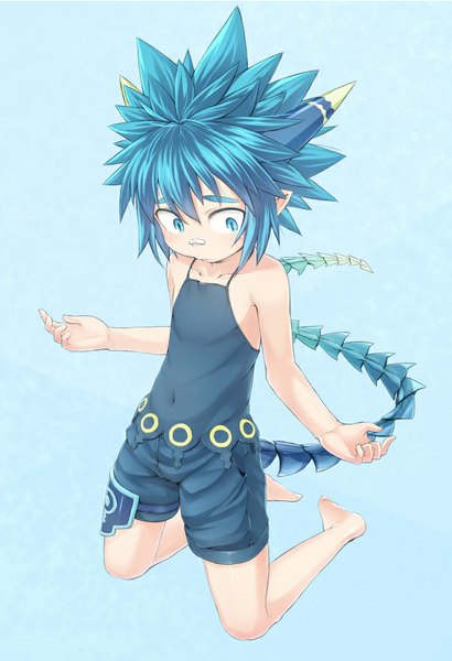 Anime picture 620x906 with summon night lyurm (summon night) ell single tall image blush short hair blue eyes simple background blue hair tail pointy ears blue background bandaid on nose boy navel shorts bandaid clothes
