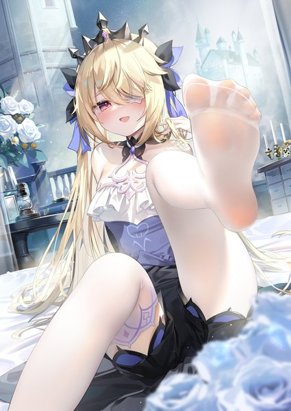 Anime picture 2150x3035 with genshin impact fischl (genshin impact) fischl (ein immernachtstraum) (genshin impact) chen bin single long hair tall image looking at viewer blush fringe highres open mouth light erotic blonde hair smile payot bent knee (knees) indoors :d pink eyes