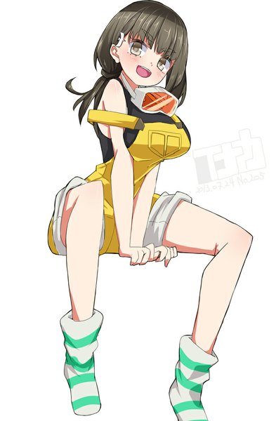 Anime picture 656x1000 with gatchaman crowds tatsunoko ichinose hajime inaka keikou single long hair tall image blush fringe breasts open mouth simple background brown hair large breasts white background sitting looking away ponytail :d dated