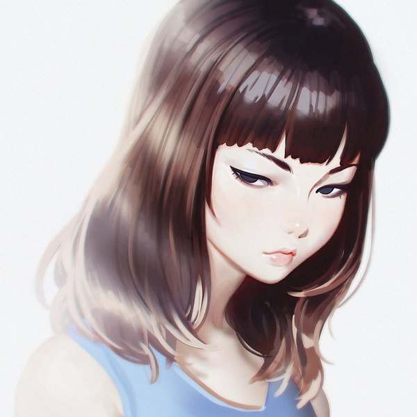 Anime picture 1080x1080 with original ilya kuvshinov single long hair simple background brown hair bare shoulders looking away blunt bangs from above lips black eyes realistic grey background portrait eyebrows white skin girl