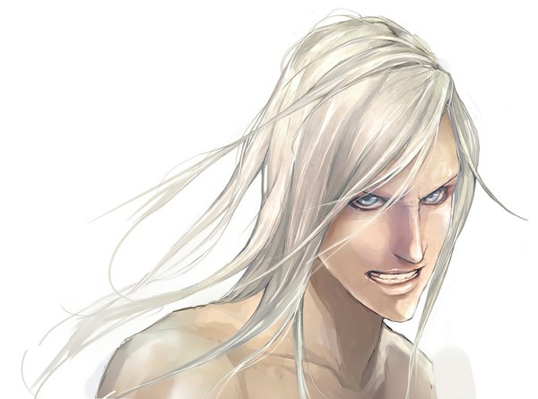 Anime picture 1024x761 with katekyou hitman reborn superbi squalo lily (artist) long hair blue eyes simple background white background bare shoulders white hair very long hair grin topless boy