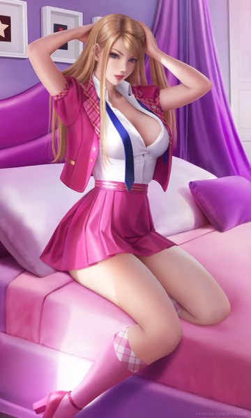 Anime picture 3900x6500 with barbie: princess charm school blair willows wickellia single long hair tall image looking at viewer fringe highres breasts blue eyes light erotic blonde hair large breasts sitting absurdres cleavage indoors lips realistic