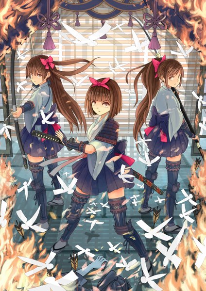 Anime picture 1061x1500 with original suya (suya000) long hair tall image short hair brown hair multiple girls brown eyes ponytail girl bow hair bow sword 3 girls paper bow (weapon) arrow (arrows)