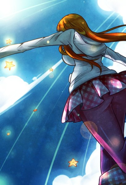 Anime picture 1195x1754 with bleach studio pierrot inoue orihime yougirasu single long hair tall image sky cloud (clouds) pleated skirt from behind orange hair from below plaid skirt spread arms girl pantyhose star (symbol) hood