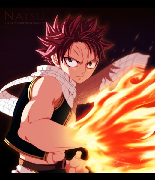 Anime picture 900x1044 with fairy tail natsu dragneel tremblax single tall image short hair pink hair black eyes inscription sleeveless coloring magic letterboxed muscle boy scarf fire