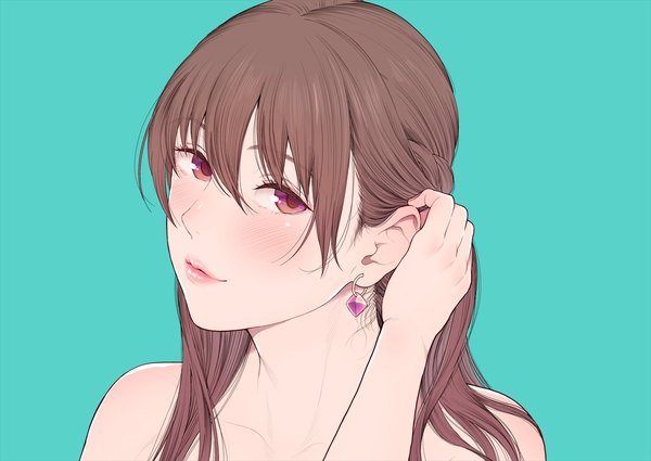 Anime picture 1214x860 with original edogawa roman single long hair looking at viewer blush fringe simple background hair between eyes brown hair purple eyes bare shoulders payot light smile lipstick portrait pink lipstick aqua background hair tucking girl
