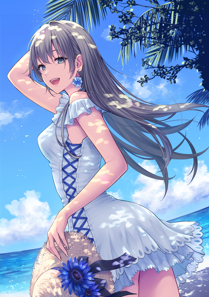 Anime picture 1500x2121 with original daidai jamu single long hair tall image looking at viewer fringe breasts open mouth smile hair between eyes standing holding payot sky cloud (clouds) outdoors :d arm up aqua eyes