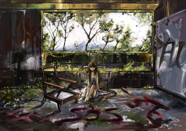 Anime picture 1280x905 with original canking single long hair red eyes brown hair sitting barefoot sos girl plant (plants) chair sundress
