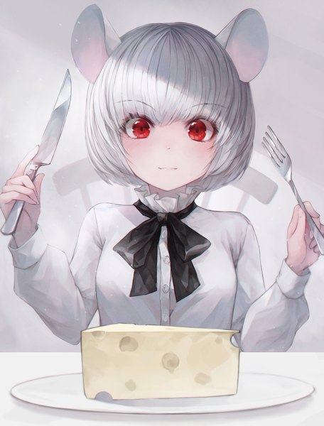 Anime-Bild 3000x3949 mit original crystalherb single tall image looking at viewer blush fringe highres short hair simple background smile red eyes holding animal ears upper body blunt bangs long sleeves grey hair bob cut mouse ears