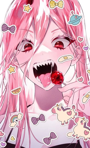 Anime picture 873x1440 with chainsaw man mappa power (chainsaw man) pb q single long hair tall image fringe open mouth hair between eyes red eyes pink hair upper body teeth sharp teeth girl food heart sweets tongue
