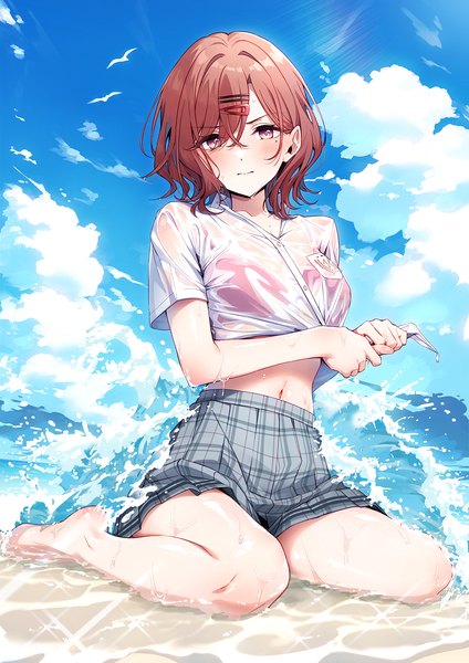Anime picture 1130x1600 with idolmaster idolmaster shiny colors higuchi madoka toujou masateru single tall image looking at viewer short hair light erotic brown hair sitting purple eyes sky cloud (clouds) mole mole under eye partially submerged wariza wet clothes summer