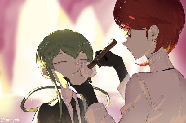 Anime picture 1108x734 with houseki no kuni rutile (houseki no kuni) jade (houseki no kuni) ryein long hair short hair red eyes signed red hair eyes closed profile green hair sparkle twitter username androgynous hand on another's face gloves uniform black gloves necktie