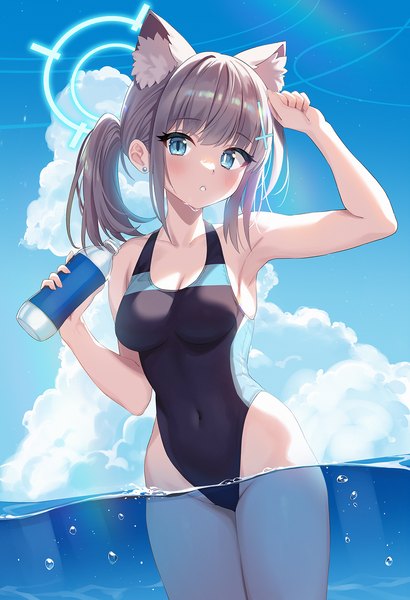 Anime picture 1230x1800 with blue archive shiroko (blue archive) shiroko (swimsuit) (blue archive) chobi (penguin paradise) single long hair tall image looking at viewer blush fringe breasts blue eyes light erotic animal ears sky cleavage cloud (clouds) outdoors ponytail blunt bangs
