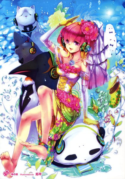 Anime picture 2526x3600 with girls, girls, girls! 11 (artbook) takuhe 0410 single tall image looking at viewer highres short hair purple eyes signed pink hair barefoot hair flower scan official art bare legs girl dress gloves hair ornament flower (flowers)