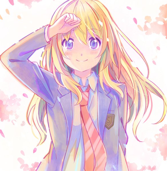 Anime picture 1109x1140 with shigatsu wa kimi no uso a-1 pictures miyazono kaori shati single long hair tall image looking at viewer blush fringe blonde hair smile hair between eyes purple eyes upper body cherry blossoms shaded face hand on head girl uniform
