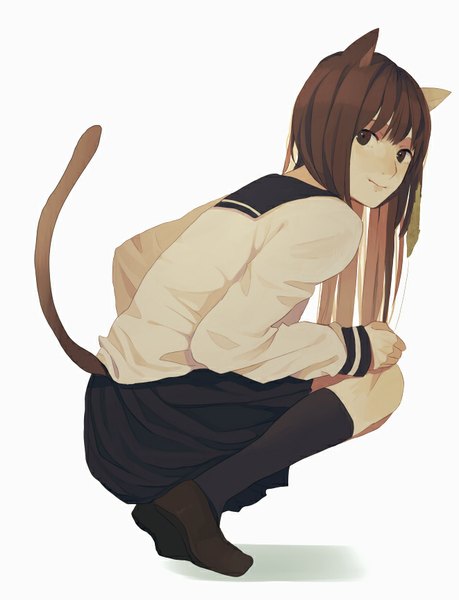 Anime picture 661x864 with original satou shinobu single long hair tall image looking at viewer fringe simple background smile brown hair white background brown eyes animal ears tail animal tail pleated skirt looking back cat ears cat tail turning head