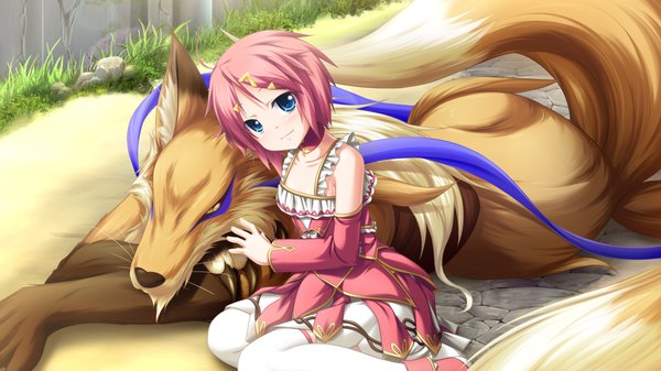 Anime picture 1024x576 with kamidori alchemy meister short hair blue eyes wide image pink hair game cg loli girl fox