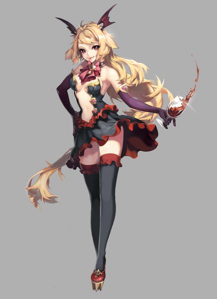 Anime picture 1600x2200 with original hyeona single long hair tall image looking at viewer light erotic simple background blonde hair brown eyes light smile head wings girl thighhighs dress gloves black thighhighs wings elbow gloves wine glass