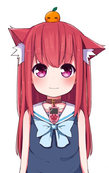 Anime picture 2583x4096 with original okota mikan single long hair tall image looking at viewer fringe highres simple background smile white background animal ears upper body red hair pink eyes cat ears sleeveless portrait flat chest sailor collar