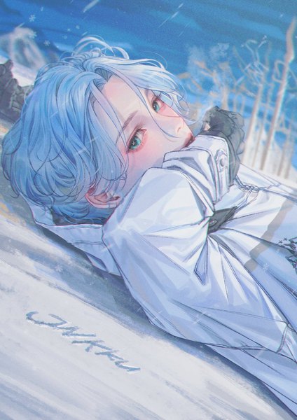 Anime picture 1187x1680 with sk8 the infinity studio bones hasegawa langa jnkku single tall image looking at viewer short hair blue hair upper body lying aqua eyes on back snowing hand to mouth boy jacket