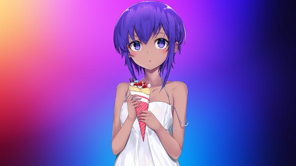 Anime-Bild 3840x2160 mit fate (series) fate/prototype hassan of serenity (fate) assassinwarrior monobe tsukuri single blush fringe highres short hair simple background hair between eyes wide image standing purple eyes bare shoulders absurdres purple hair upper body :o