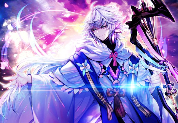 Anime picture 1150x800 with fate (series) fate/grand order merlin (fate) eu (euspia) single long hair fringe smile hair between eyes purple eyes holding looking away sky silver hair cloud (clouds) upper body ahoge outstretched arm boy petals