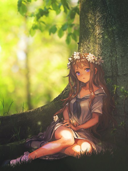 Anime picture 774x1032 with original lm7 (op-center) dinocojv single long hair tall image looking at viewer fringe open mouth brown hair sitting purple eyes full body bent knee (knees) blurry hands clasped girl skirt uniform flower (flowers)