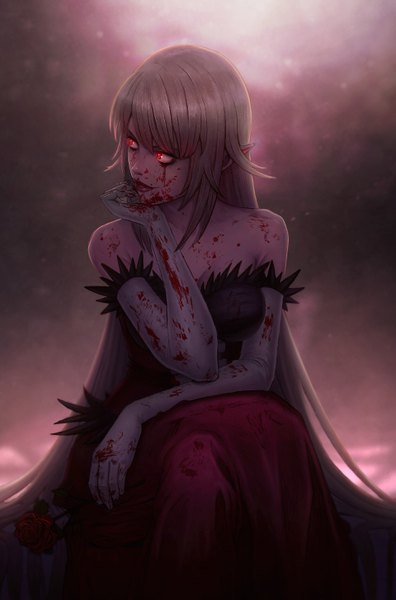 Anime picture 1920x2908 with kizumonogatari shaft (studio) monogatari (series) kissshot acerolaorion heartunderblade manip21 single tall image fringe highres breasts blonde hair hair between eyes red eyes large breasts sitting bare shoulders holding payot looking away very long hair