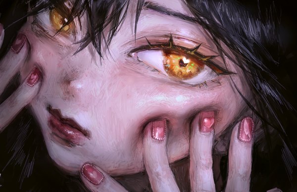 Anime picture 2947x1906 with original hatena (nazequestion) single looking at viewer fringe highres black hair hair between eyes yellow eyes fingernails lips close-up face hands on face girl heart