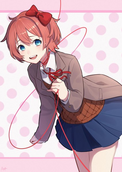 Anime picture 868x1228 with doki doki literature club sayori (doki doki literature club) sato (r017xts117) single tall image looking at viewer fringe short hair open mouth blue eyes simple background smile hair between eyes standing pink hair long sleeves :d pleated skirt open clothes teeth