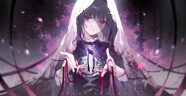 Anime picture 2080x1080 with mahou shoujo madoka magica shaft (studio) akemi homura bai qi-qsr single long hair looking at viewer fringe highres black hair hair between eyes wide image standing holding upper body parted lips head tilt pink eyes copyright name glowing