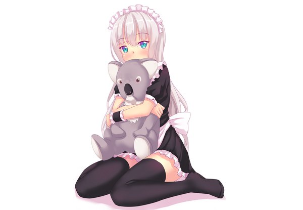 Anime picture 2311x1600 with original nottytiffy long hair looking at viewer blush fringe highres simple background hair between eyes white background sitting silver hair aqua eyes maid no shoes zettai ryouiki hug wariza crossed arms covered mouth