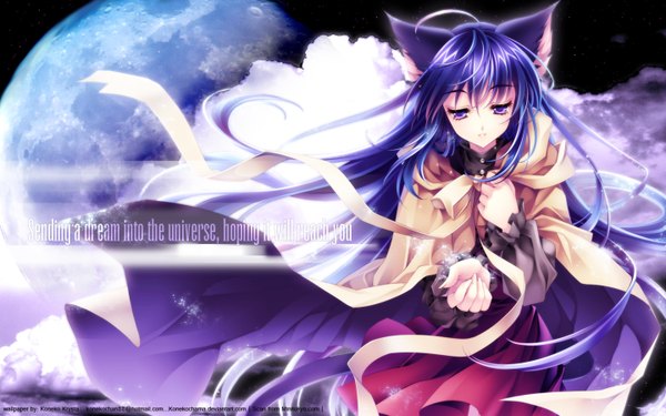 Anime picture 1440x900 with long hair blue eyes wide image animal ears blue hair cloud (clouds) cat girl girl moon