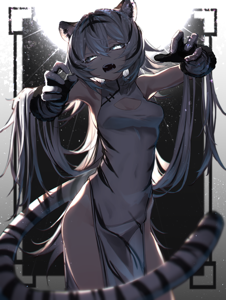 Anime picture 3468x4598 with original ozeu0916 single tall image looking at viewer highres breasts open mouth light erotic black hair large breasts bare shoulders animal ears absurdres cleavage white hair tail very long hair traditional clothes animal tail