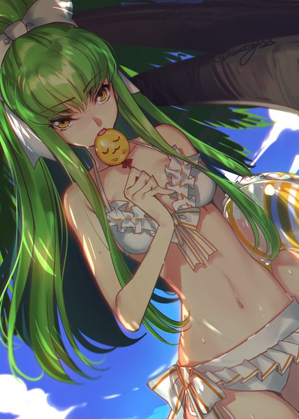 Anime picture 650x910 with code geass sunrise (studio) c.c. cheese-kun creayus single long hair tall image fringe breasts light erotic standing signed yellow eyes looking away sky cloud (clouds) ponytail green hair sweat