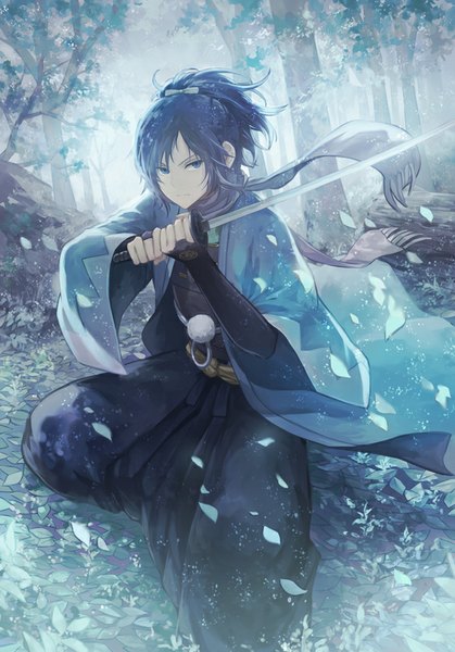 Anime picture 600x858 with touken ranbu nitroplus yamato no kami yasusada angel31424 single long hair tall image blue eyes blue hair ponytail traditional clothes japanese clothes wind wide sleeves fighting stance serious shinsengumi boy weapon plant (plants)