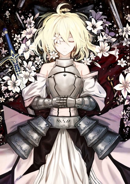 Anime picture 1200x1696 with fate (series) fate/unlimited codes type-moon artoria pendragon (all) saber lily cloudy.r single tall image short hair blonde hair lying eyes closed from above on back girl gloves weapon sword armor armored dress