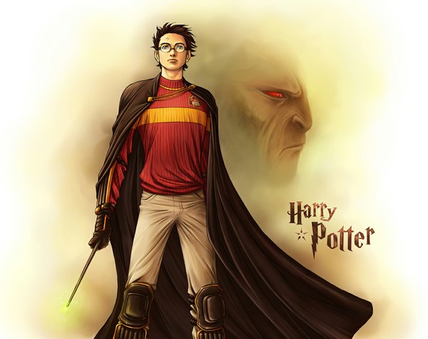 Anime picture 1170x930 with harry potter harry potter (character) lord voldemort hito76 (artist) short hair black hair red eyes glowing scar glowing eye (eyes) boy gloves weapon glasses pants sweater cloak wand